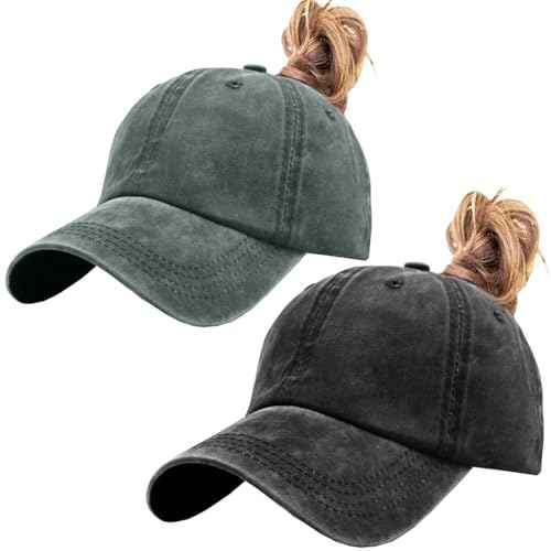 Womens Vintage Washed Distressed Baseball-Cap with Ponytail Hole Sport Golf Hat