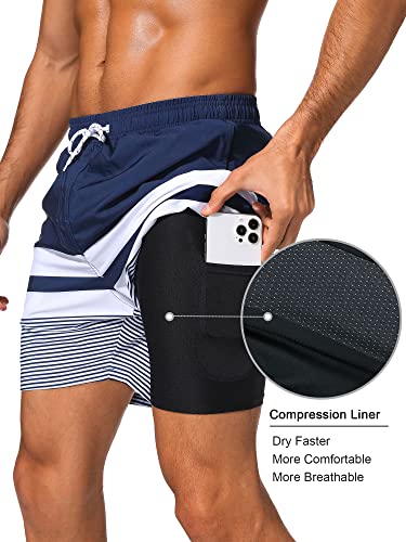 Men's Swim Trunks with Compression Liner & Zipper Pockets - Large Dark Navy & White Stripes