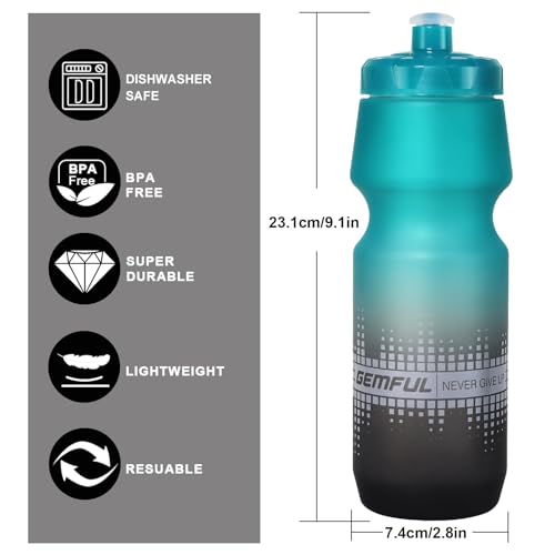 GEMFUL Bike Water Bottle 24oz Cycling Water Bottle BPA-Free with Leak-Proof Lid Squeeze Design 2 Pack No-Sweat Grip Fits Standard Bike Cages for Mountain Road Bikes (Gradient Green Black+Blue Green)