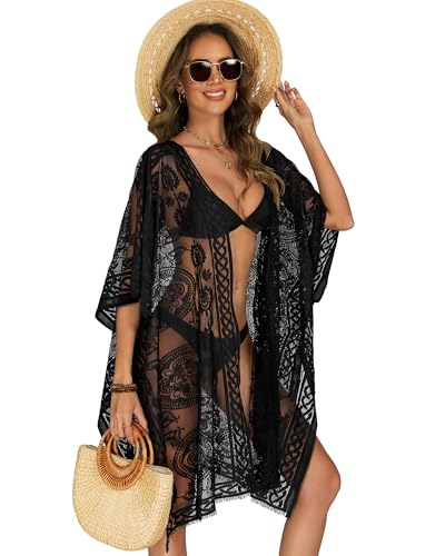 Women's Lace Open Front Bikini Cover Up - Solid Black - Beach Swimsuit Cover