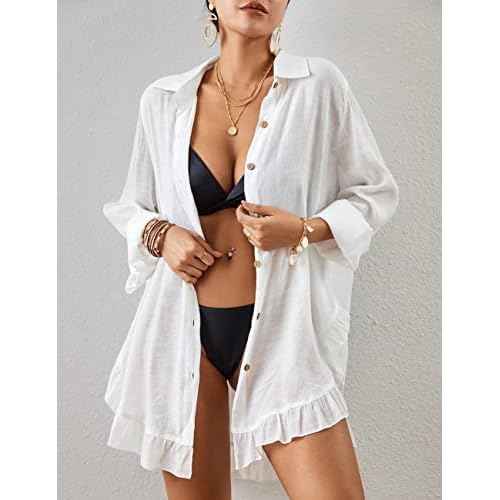 Bsubseach Long Sleeve Swimsuit Coverup for Women Button Down Bathing Suit Cover Up Shirt Casual Beach Dress Black S