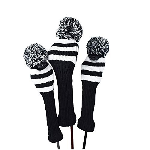 Knit Golf Club Head Covers Set 3 Pieces - Black White Stripes for Driver & Fairway