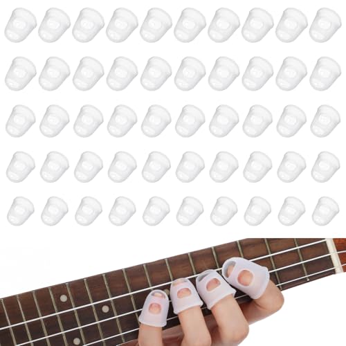 50 Pcs Guitar Finger Covers, Silicone Finger Tip Protectors Anti-Slip & Breathable Silicone Guitar Fingers Guards for Guitars Playing, Ukulele Bass, and Sewing (5 Sizes, White)