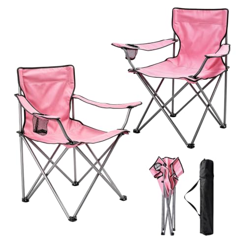 Pink Camping Chair with Cup Holder - Portable Folding Lawn Chair Supports 330LBS