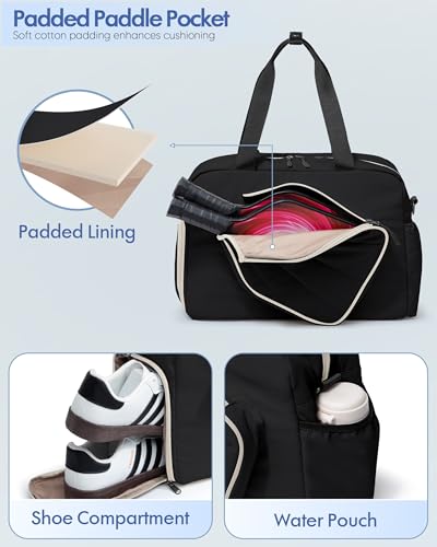 Black Pickleball Tote Bag with Paddle Pocket Shoe Compartment & Detachable Strap