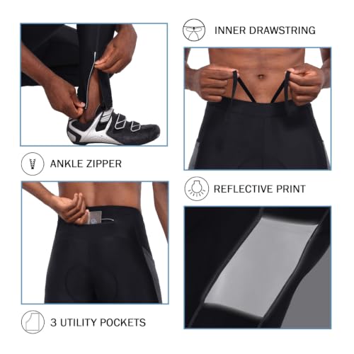 Men's 4D Padded Thermal Cycling Pants - UPF 50+ with Pockets, Medium, Black