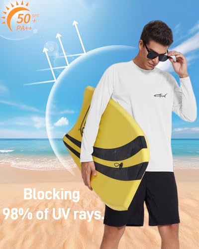 Men's UPF 50+ Long Sleeve Sun Protection Shirt - White, Large, Quick Dry Rash Guard