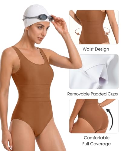 Women's Athletic Scoop Neck Tummy Control One-Piece Swimsuit