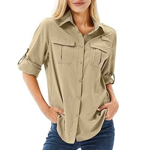 Women's UPF 50 Long Sleeve Sun Protection Shirts Safari Fishing Hiking