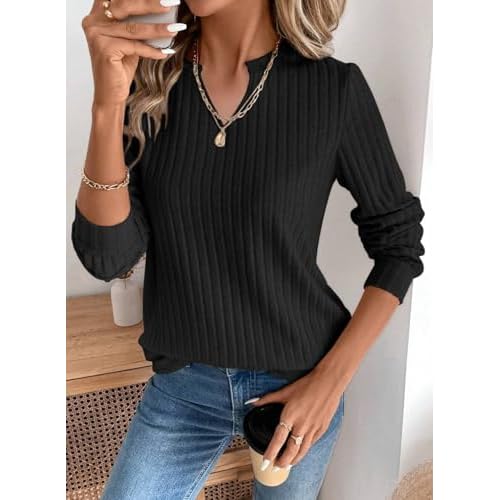 SHEWIN Womens Fall Fashion 2025 Casual Long Sleeve V Neck Tops Shirts Sweaters