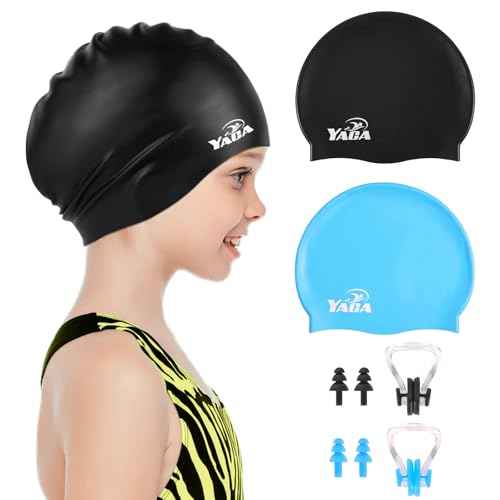 Swim Cap Kids for Long Hair, 2 Pack Silicone Swimming Cap for Boys Girls Aged 3-15, Durable Kids Swim Cap Short Hair, Fit Waterproof Swim Caps for Kids Toddler, with Ear Plugs & Nose Clip