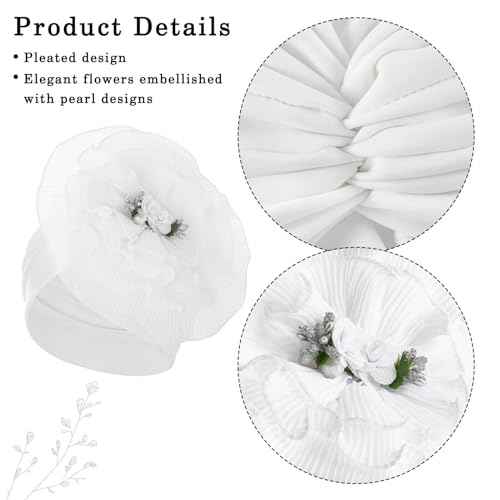 Bohend Flower Turbans Cap Pearl Knot Headwarp Beanie Pre Tied Head Cover Bonnet Women Muslim Stretchy Pleated Headscarf Hat