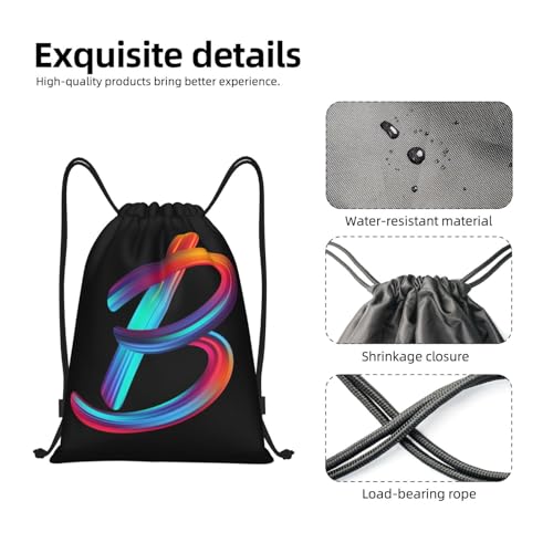 Black Drawstring Backpack with Rainbow Initial - M 19.6x16.5 Inch Sports Gym Travel Sackpack