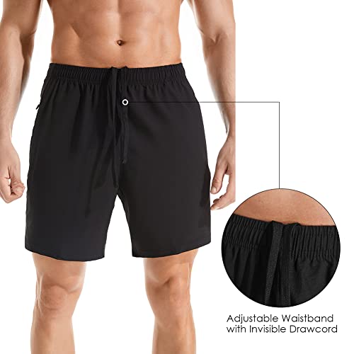 Men's 7 Inch Lightweight Quick Dry Athletic Running Shorts with Zipper Pockets - Medium Black