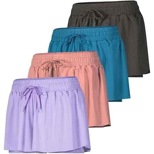 Real Essentials 4 Pack:Womens Flowy Dry Fit Running Short - Spandex Underneath Workout Summer Shorts (Available in Plus Size)