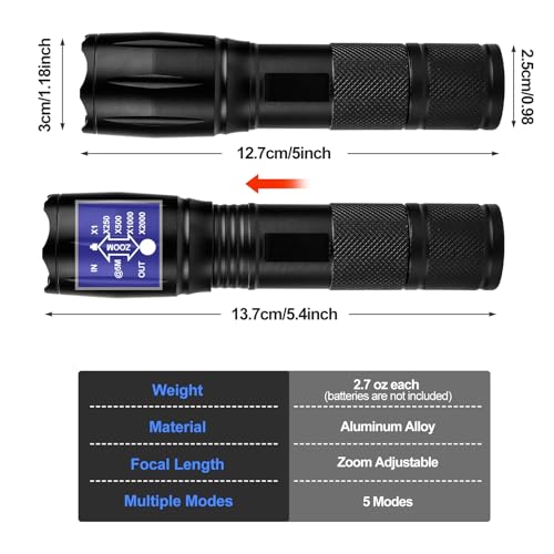 Black Zoomable LED Tactical Flashlight 5 Modes Bright Torch 2 Pack