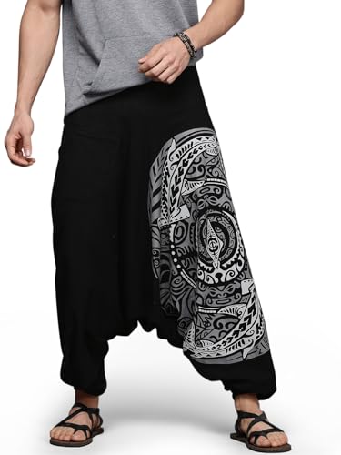 Trident Crest Black-Grey One Size Boho Ankle Harem Pants for Men – Loose Jogger