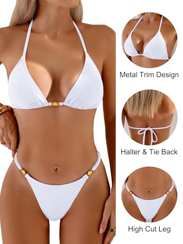 Women's Thong Bikini Set - White Medium / 604 - String Halter Two-Piece Swimsuit