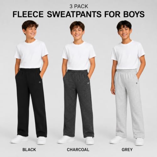 Boys Active Sweatpants 3-Pack - Black, Grey Heather & Charcoal - Athletic Joggers for Kids & Teens