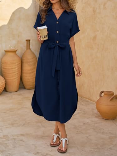 Summer Dresses for Women Navy Large - Casual Short Sleeve Maxi Beach Cover Up with Pockets