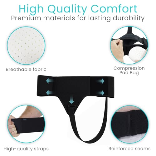 Vive Inguinal Hernia Belt for Men & Women - Left or Right Groin Support Truss for Targeted Compression, Pain Relief, Comfort, Pre & Post Surgery, Injury Recovery - 3 Removable Pressure Pads and Splint (Black)
