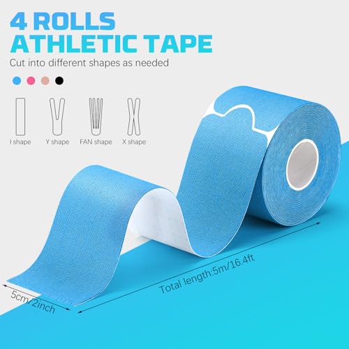 80 Strips Kinesiology Tape, 4 Rolls Precut Athletic Tape Elastic Waterproof Sports Tape 2 Inch x 16 Feet Body Tape with Scissors for Joint Support Muscle (Beige, Black, Blue, Pink)