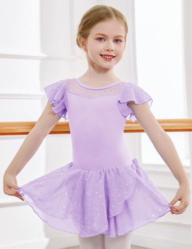 Girls Ballet Leotard with Ruffle Sleeves and Sparkle Details - Light Purple, 8-9 Years