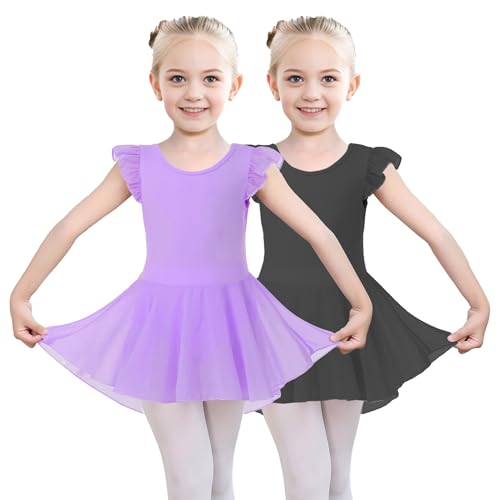Kids Girls Ruffle Sleeve Tutu Leotard Dress for Dance, Gymnastics & Ballet - 5-6 Years, Black & Purple