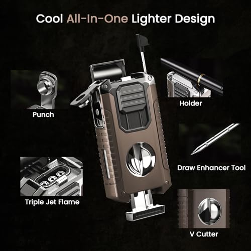 Brown 5-in-1 Torch Lighter with Triple Jet Flame & Tools - Windproof Refillable for Travel & Candle