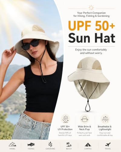 Sun Hat UPF50+ Wide Brim Bucket Hat Outdoor for Hiking Garden - One Size Beige