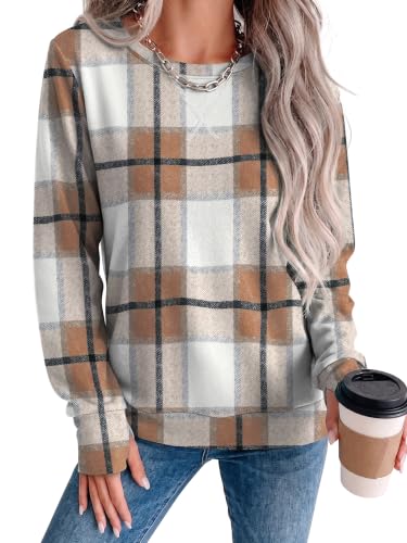 Women’s Crewneck Sweatshirt Long Sleeve Fall Outfit - Large Brown Plaid
