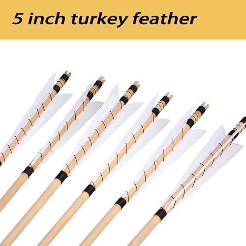 12 Pcs Wooden Arrow Shafts for Longbow Recurve Bow - 32 Inch with Feathers