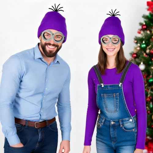 4 Pcs Halloween Costume Accessories Adult, Yellow/Purple Beanie Goggles Gloves Suspenders Halloween Costume Accessories Set