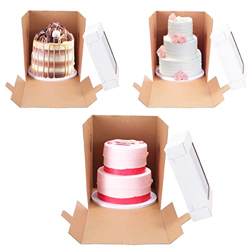 Tall Cake Boxes 10x10x12 Inch 3 Pack with Transparent Top Window, Recyclable Kraft Cardboard, Adjustable Height for Tier Cakes & Gifts