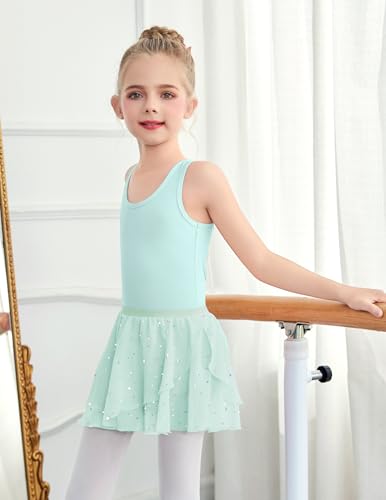 Girls Ballet Leotard with Skirt and Hollow Back Dance Dress - Aqua Green 6-7 Years