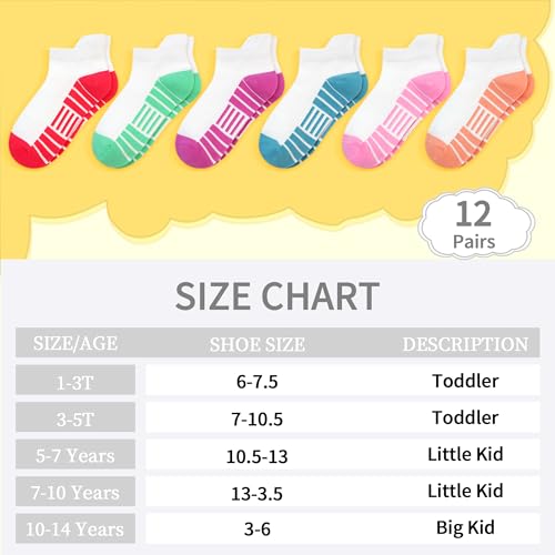 Girls Socks 12 Pairs Kids Athletic Socks with Tab 1-14 Years - Multicolor White, Size 10-14