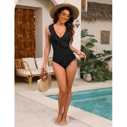 BMJL Women's One Piece Swimsuits Tummy Control Modest Bathing Suit Ruffle V Neck Swim Suits