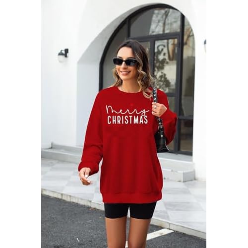Christmas Sweatshirts For Women Xmas Sweater Merry Christmas Letter Printed Sweatshirt Holiday Long Sleeve Tops