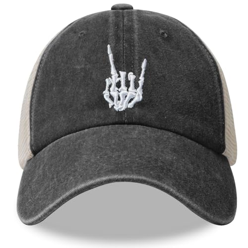 Skeleton Hand Trucker Hat, Adjustable Embroidered Skull Finger Mesh Snapback Baseball Cap