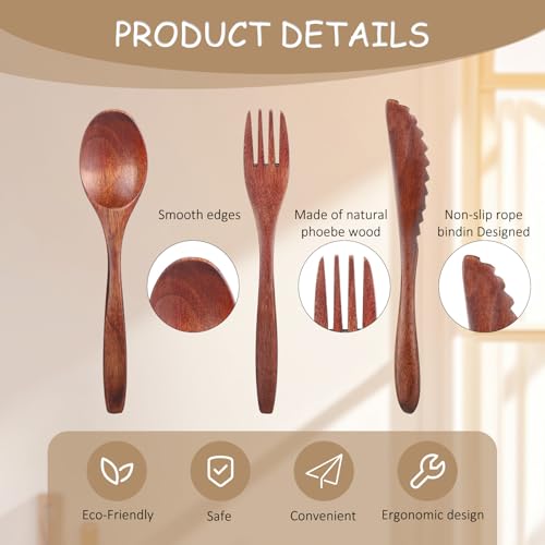 6 Pcs Wooden Utensils for Eating, Wooden Spoon Fork Cutlery Set Kitchen Wood Dinner Flatware Tableware Reusable Wood Spoon, Wooden Forks,Wooden Scraper for Travel and Camping