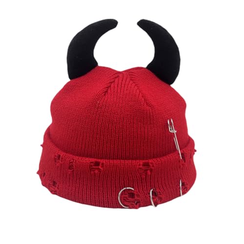 Gothic Devil Horn Knitted Beanies for Women Men Y2K Funny Crochet Skull Hat Warm Winter Cap Halloween Accessories