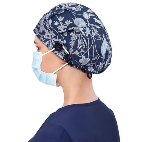 Satin Lined Bouffant Scrub Nurse Cap with 4 Buttons and Sweatband Adjustable
