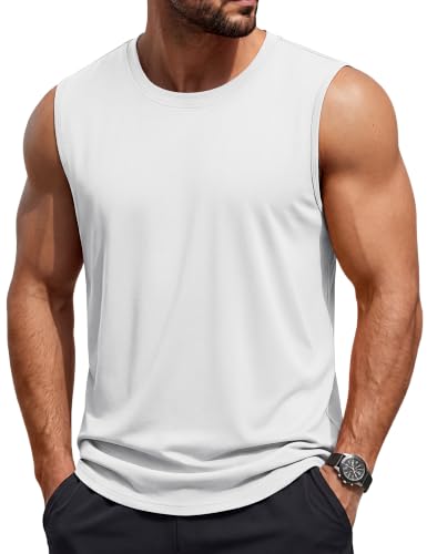 Men's Moisture Wicking Cotton Tank Top Large White - Summer Gym Workout Sleeveless Shirt