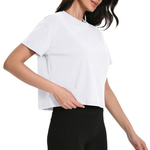 Workout Crop Tops Oversized Tshirts for Women Drop Shoulder Cotton Short Sleeve Tees Boxy Yoga Shirts 2025