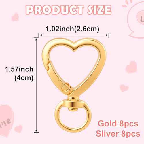OIIKI Heart Shape Keychain Clip, Heart Carabiner Spring Snap Hook, Cute Lobster Clasp for Keys, Bags