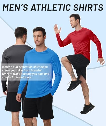 Men's Long Sleeve Sun Protection Base Layer Shirts - 7 Pack Light Blue & Dark Blue