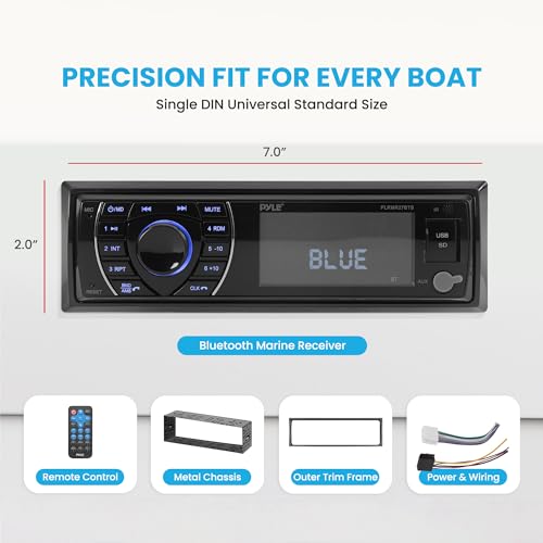 Pyle 300W Bluetooth Marine Stereo Receiver - Single DIN In-Dash AM/FM Radio with USB/SD - AUX - MP3 - Built-in Mic - EQ - Wireless Music Streaming - Remote - 12V - PLMRM29BT