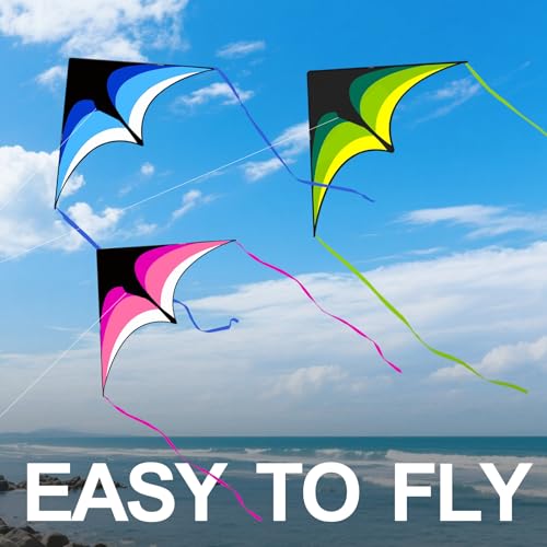 Large Single Line Beach Kite for Adults and Kids - Green, Blue & Pink 3 Pack