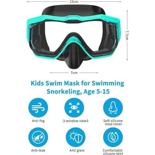 Bairuifu Kids Swim Goggles Snorkel Mask, Latest 3-Window Lens Wide Vision, Crystal Clear, Swimming Goggles Soft Nose Cover