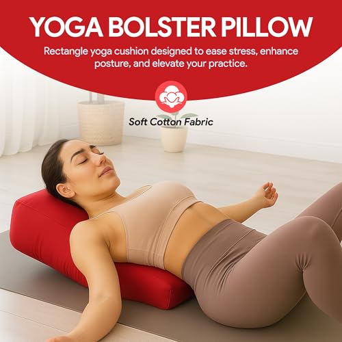 Red Rectangular Yoga Bolster Pillow for Meditation & Back Support - Removable Cotton Cover